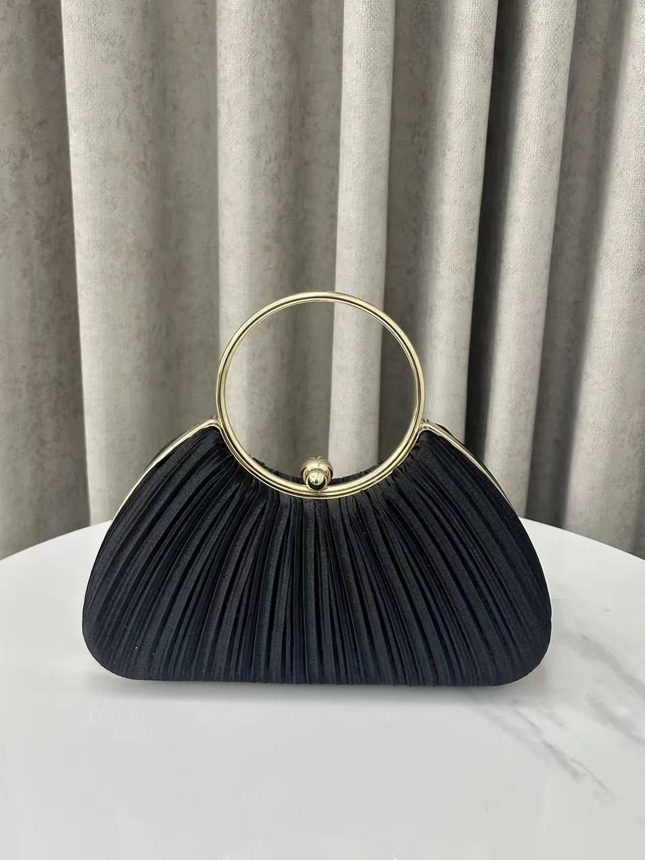 Cross-Border New Pleated Evening Bag Women's Handbag Socialite Elegant Banquet Dress Clutch Round Ring Handbag Polyester Shell