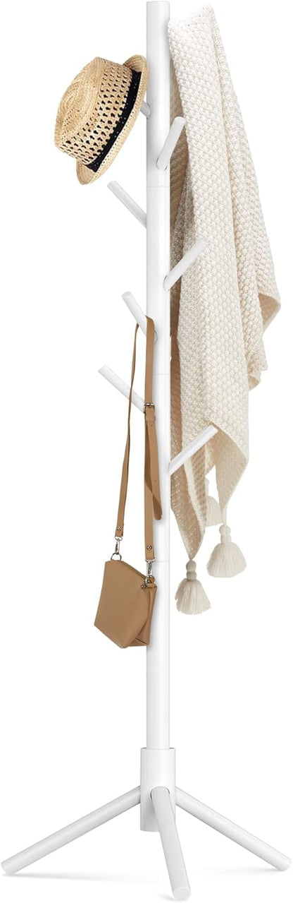 Wooden Coat Rack Stand with 8 Hooks Pine 3 Adjustable Coat Standing Tree
