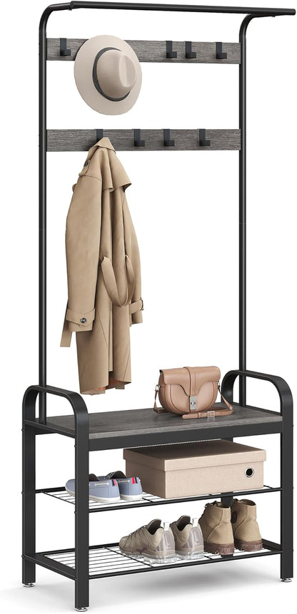 Coat Rack Hall Tree with Shoe Bench for Entryway, Entryway Bench with Coat Rack 4-in-1a