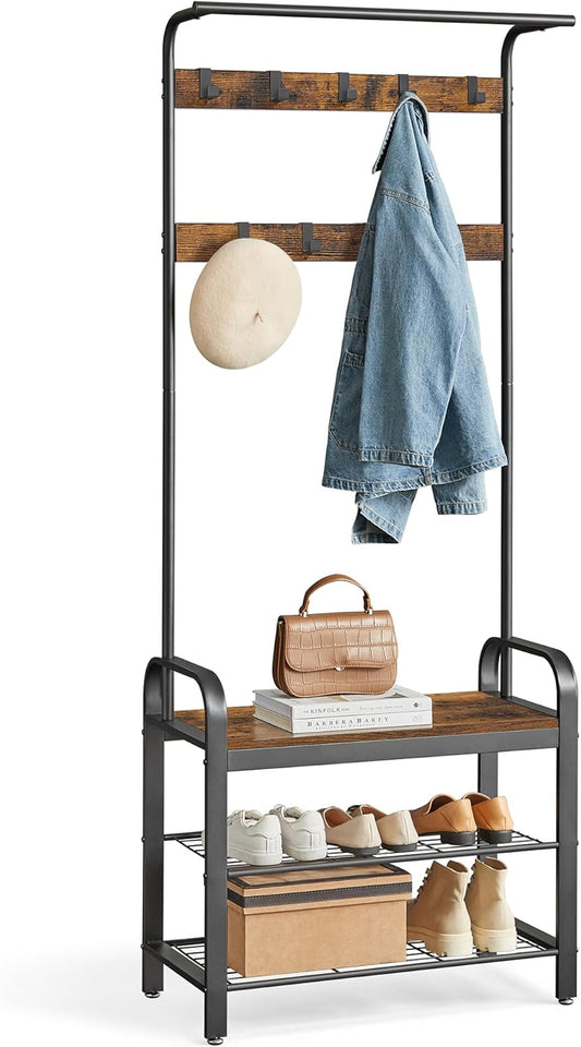 Coat Rack Hall Tree with Shoe Bench for Entryway, Entryway Bench with Coat Rack 4-in-1a