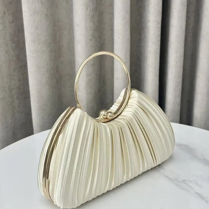 Cross-Border New Pleated Evening Bag Women's Handbag Socialite Elegant Banquet Dress Clutch Round Ring Handbag Polyester Shell