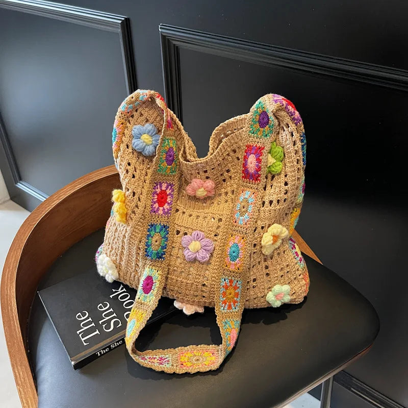 Casual Hollow Woven Polyester Beach Bag Women's 2025 New Medium Capacity Knitted Tote Shoulder Spring and Summer