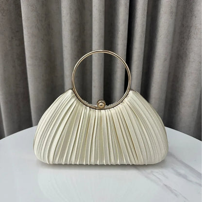 Cross-Border New Pleated Evening Bag Women's Handbag Socialite Elegant Banquet Dress Clutch Round Ring Handbag Polyester Shell