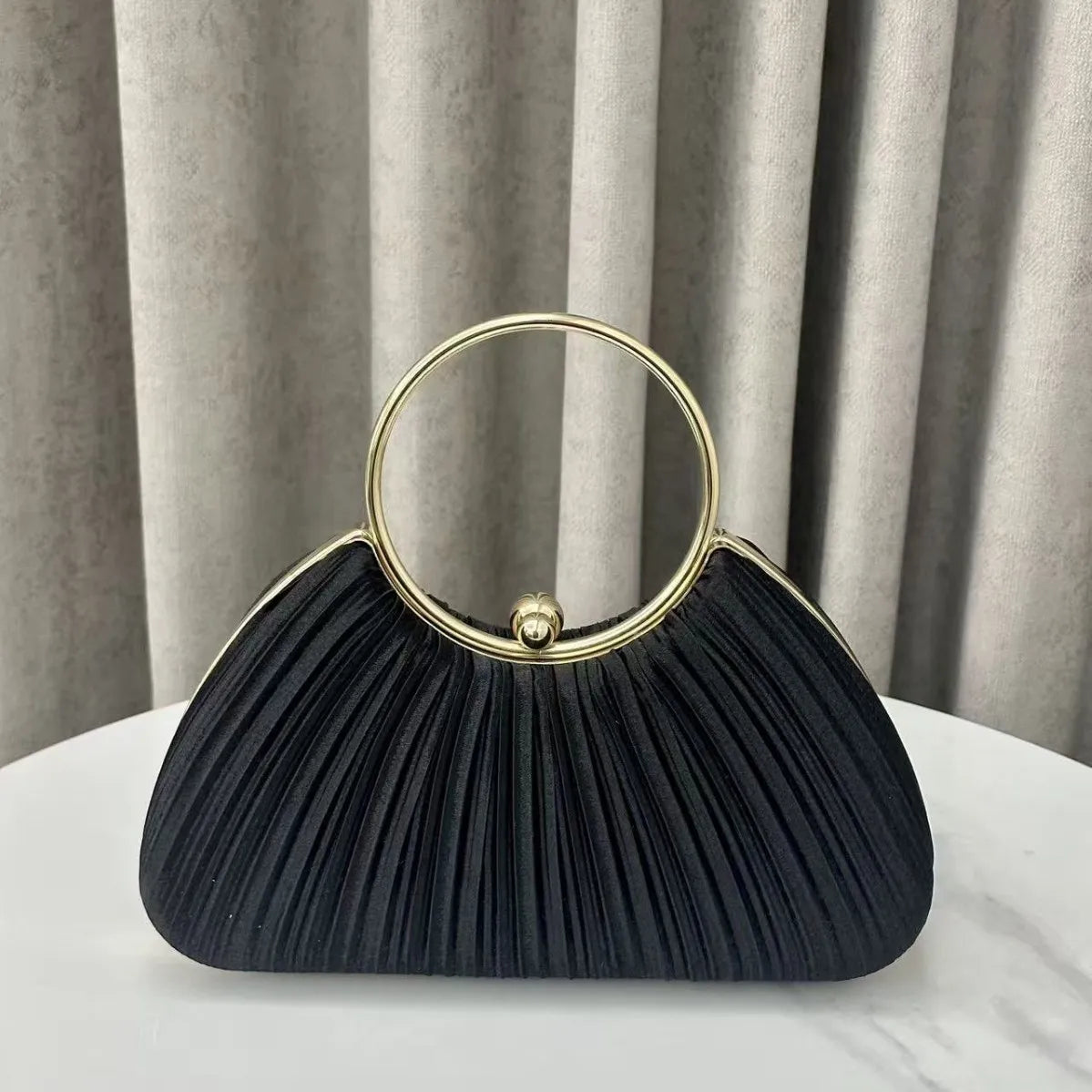 Cross-Border New Pleated Evening Bag Women's Handbag Socialite Elegant Banquet Dress Clutch Round Ring Handbag Polyester Shell
