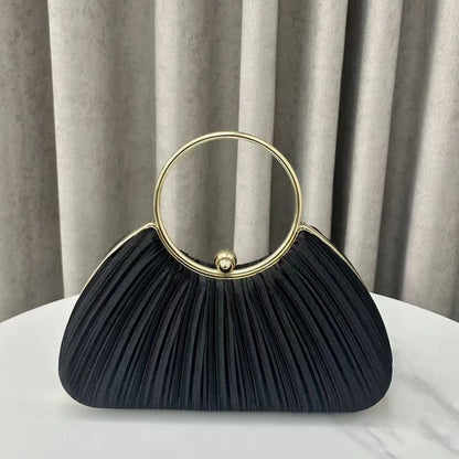 Cross-Border New Pleated Evening Bag Women's Handbag Socialite Elegant Banquet Dress Clutch Round Ring Handbag Polyester Shell