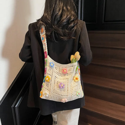 Casual Hollow Woven Polyester Beach Bag Women's 2025 New Medium Capacity Knitted Tote Shoulder Spring and Summer