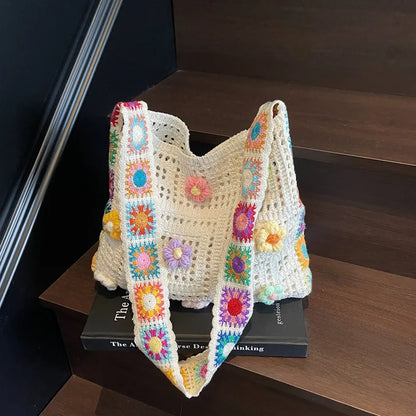 Casual Hollow Woven Polyester Beach Bag Women's 2025 New Medium Capacity Knitted Tote Shoulder Spring and Summer