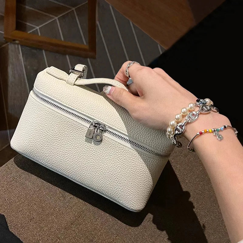 Genuine Leather Women's Lunch Box Bag with Zipper Closure White Small Crossbody Mobile Phone Bag 2026 New