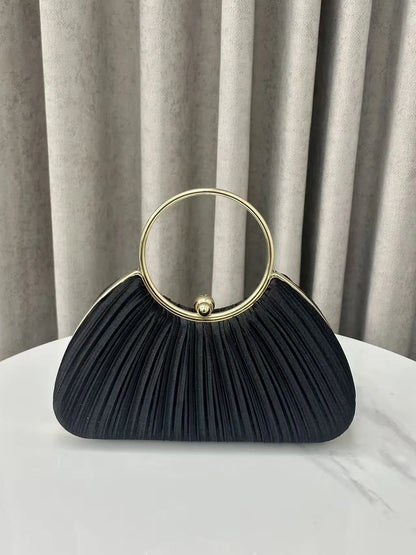 Cross-Border New Pleated Evening Bag Women's Handbag Socialite Elegant Banquet Dress Clutch Round Ring Handbag Polyester Shell
